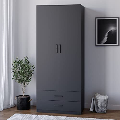 URBNLIVING Black Wooden Bedroom Furniture Cabinet Chest of Drawers Dressing Table Wardrobe - 2 Door Wardrobe