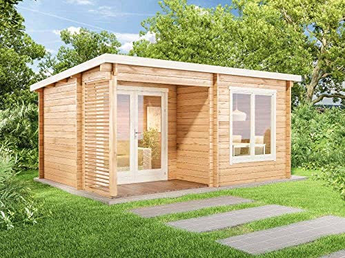 Alpholz Gartenhaus Modell Orkus-44 Petite Gartenhaus aus Holz, Holzhaus mit 44 mm Wandstärke inklusive Terrasse, Blockbohlenhaus mit Montagematerial