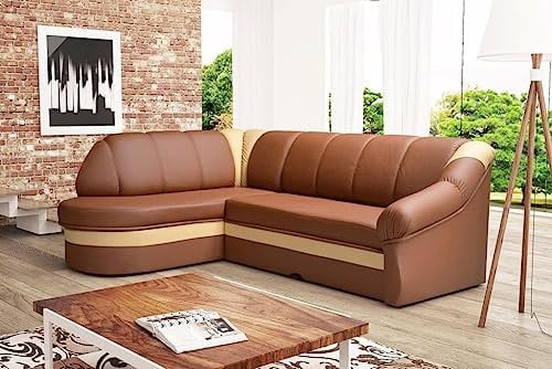 Froschkönig24 Benano Ecksofa 250 x 180 cm Braun/Creme (Kunstleder), Ausführung:Links