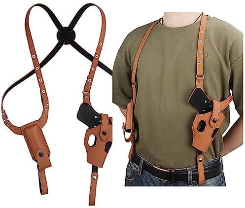 ACEXIER Tactique Cachée Pistolet Holster Militaire Cuir Épaule sous Les aisselles Pistolet Arme de Poing Carry Pouch pour G17 19 Accès à la Chasse (Tan)