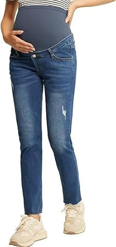 Maacie Pantalon de grossesse en jean stretch avec jambe droite pour printemps et été, Bleu foncé avec coupe cigarette, S