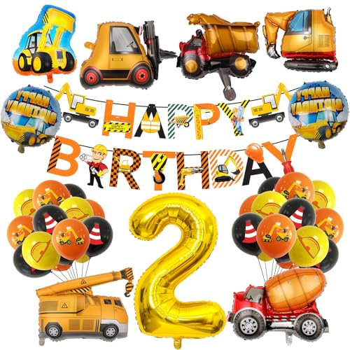 RISVOWO Bagger Deko Kindergeburtstag 2, Bagger Luftballons Geburtstag, Deko 2. Geburtstag Junge, Geburtstagsdeko 2 Jahr Jungen, BAU Party Dekoration, Riesen Folienballon