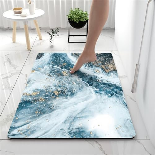 Hixingo Kieselgur Badematte rutschfeste Modern Marmor Badvorleger Absorbierender Badezimmerteppich, Waschbar Schnelltrocknende Bodenmatte für Dusche, Badewannen, Küche (80x120cm,Blau Weiß)