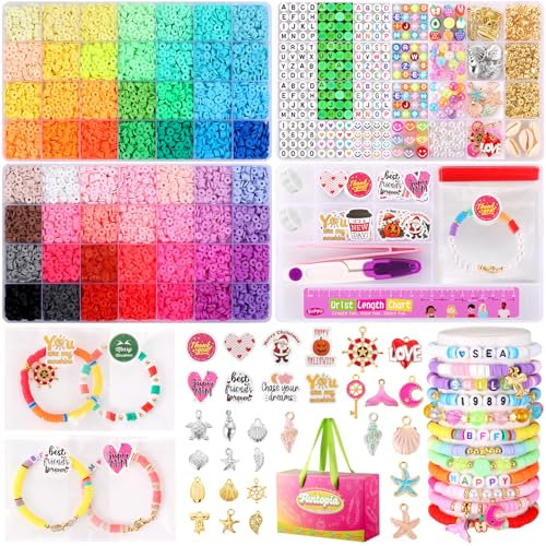 Funtopia Clay Beads Bracelet Making Kit, 56 Colors Friendship Bracelet Making Kit with Letter Beads, Flat Polymer Bead with Charms Pendants, Stickers and Tools Storage Box DIY Craft for Kids Adults