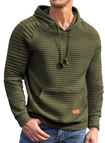 COOFANDY Men's Hoodies Plaid Long Sleeve Knit Sweatshirts Drastring Hoodies Soft Plain Pullover Army Green M