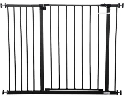 PawHut Türschutzgitter Treppenschutzgitter mit 10/15 cm Verlängerung Türgitter ohne Bohren Treppengitter für Breiten 76-107 cm Einhändiges Öffnen Stahl Schwarz