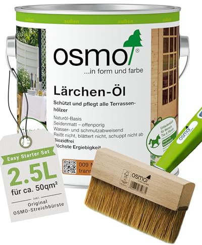 Osmo Terrassenöl Starter Set, 2,5 L Lärchen Öl natur 009 seidenmatt, inkl. 150 mm Streichbürste mit Handgriff, Holzschutz für außen, UV-beständig, offenporig, wetterfest