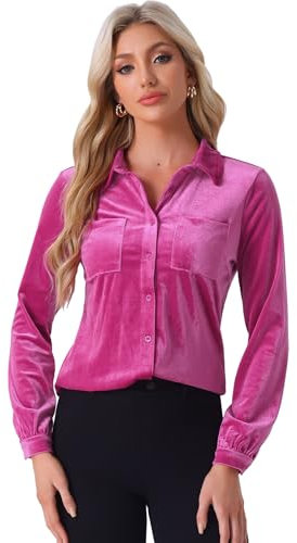 Allegra K Damen Velvet Oberteil Langarm Hemdkragen Knopfleiste Einfarbig Arbeits Samt Top Bluse Rose Rot XL