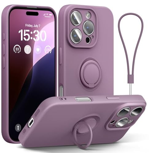 abitku for iPhone 16 Pro Case with Ring Stand, Liquid Silicone Slim Design Support Magnetic Car Mount (with Wrist Strap Lanyard) Phone Cover for iPhone 16 Pro 6.3 inch(Lilac Purple)