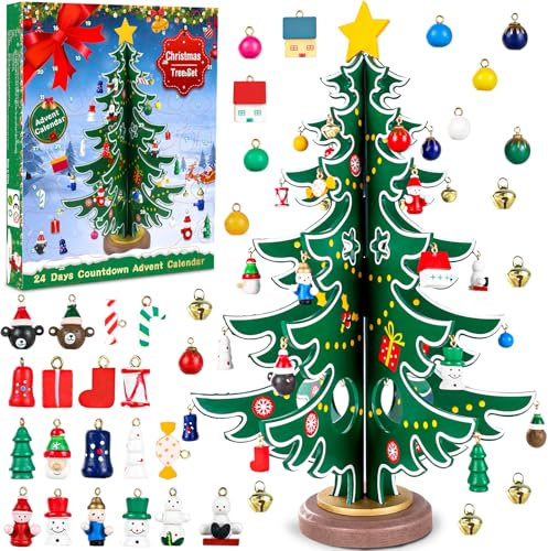 Calendario dell'avvento di Natale 2024, albero di Natale da tavolo in legno con 36 ornamenti, conto alla rovescia di 24 giorni, calendario dell'Avvento in legno, decorazione da scrivania per ragazzi,