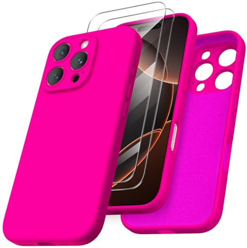 ORNARTO Compatible with iPhone 16 Pro Case 6.3 inch, with 2 x Screen Protector Liquid Silicone Gel Rubber Cover [Full Body] Shockproof Protective iPhone Case for iPhone 16 Pro-Hot Pink