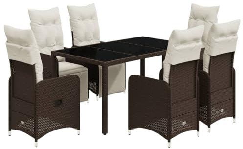 vidaXL Garten Bistroset 7-TLG., Balkonset mit Kissen, Gartenmöbel Tisch 6 Verstellbare Stühle, Balkonmöbel Sitzgruppe Gartengarnitur, Braun Poly Rattan