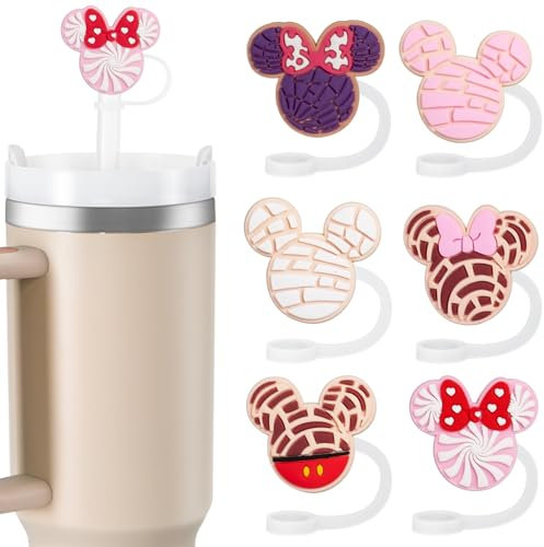 yomanta 6pcs Straw Cover for Stanley Cup for 10mm Dust-Proof Silicone Stanley Straw Topper Accessories, Reusable Straws Cover for Stanley 40/30 Oz Tumbler - Pink Mice
