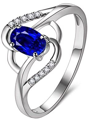 Bishilin Saphir Ringe Damen Weißgold 750, Hochzeit Ringe Blume mit Oval Saphir 0.5ct Verlobungsring Nickelfrei für Frauen Größe56 (17.8)
