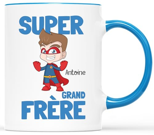 Cadeau Plus Mug Personnalisé Prénom - Super Grand Frère - Cadeau pour Son Frère Et Soeur, Tasse Personnalisée, mug personnalisé frère, cadeau frère (Bleu)