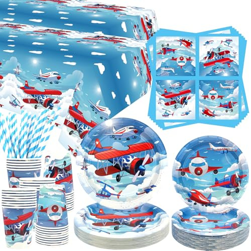 Airplane Theme Party Tableware - Dinner and Dessert Plates, Cups, Napkins, Tablecover, Straws for Plane Baby Shower Supplies, Serves 40