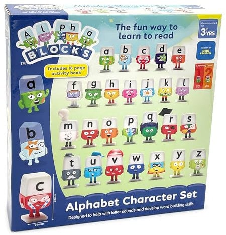 ALPHABLOCKS Alphabet Character Set - 26 Letter Alphabet Toys for Phonics Games & Reading Skills with Interactive Activity Book Featuring 90+ Decodable Words for Kids Learning