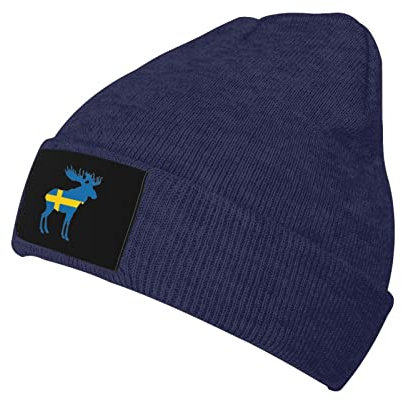 Unisex Beanie Mütze Schwedische Flagge Und Elch Skull Strickmütze Stretchy Warme Mütze Winddicht Mütze Für Wandern Strand Herren Damen