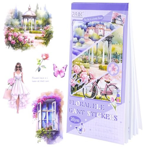20-seitige Tagebuch Scrapbook Aufkleber, Mülltagebuch Zubehör, vorgeschnittenes ästhetisches PET Material, erwachsenes Aquarell Scrapbook, dekorative Mayfly Ball Planer Handwerk(Lila Blüten)