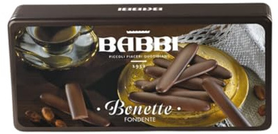 Bonette Fondente Piccoli Piaceri Babbi, 18 Lingue di Cioccolato con Ripieno e Copertura Fondente, in Elegante Latta da 180g, Senza Glutine, Disponibili anche in altri Gusti