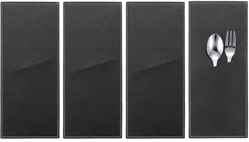 QUARKZMAN 4 Fundas de Cuero para Cubiertos Porta Cubiertos Cuchillo y Tenedor Bolsa Estuche de Almacenamiento de Cubiertos para Mesa de Cena Decoración de Cocina En Casa, Negro