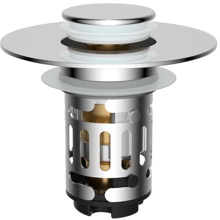 Hibbent Upgraded 3 in 1 Bathroom Sink Drain Strainer, Universal Pop Up Stopper with Removable Stainless Steel Filter Basket Hair Catcher, Sink Plug for 1.1''~2.36'' Basin, Brass Bullet Core, Chrome