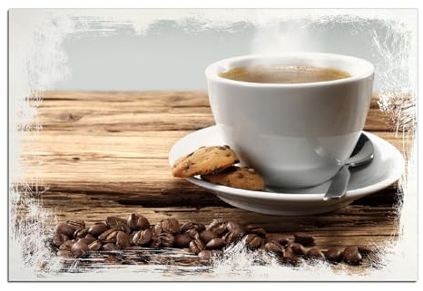 Wallario Wandbild aus Holz Heiße Tasse Kaffee mit Kaffeebohnen - 60 x 90 cm in Premium-Qualität: Brillante Farben
