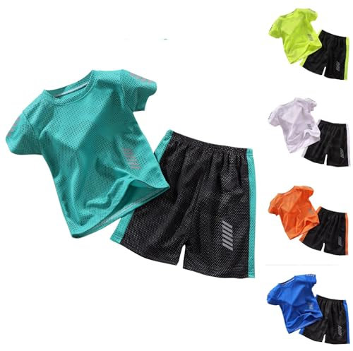 XINYUNZU Trainingsanzug Kinder Sommer Jogginganzug Schnelltrocknend Sportanzug Sport T-Shirt und Sporthose Kurz Set Sportkleidung Tracksuit Activewear für Jungen Grün 9 Jahre