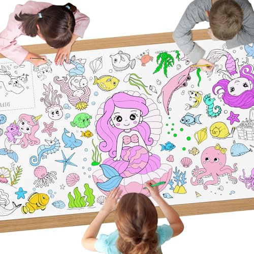 AYESY Papier-Tischdecke zum Ausmalen, 183 x 76cm Motiv Meerjungfrau Ausmaltischdecke Kreative Kinderbeschäftigung Ausmalen Tiere Mal Mich Bunt