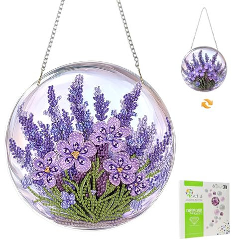 MISCER Diamond Painting Decoración Colgante Kit, Flor morada Doble Cara Pintura de Diamante Adultos, Diamantes Ornaments para Principiantes Pared Ventana Hanging Decoración