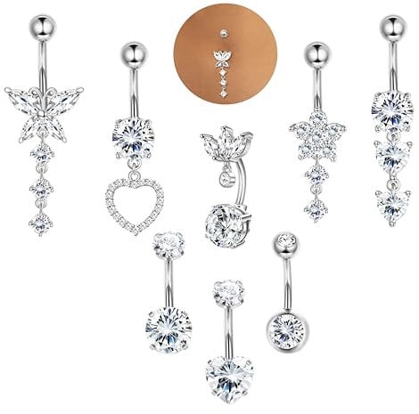 ORAZIO 8 Pcs Silber Bauchnabelpiercing Chirurgenstahl Damen Piercing Bauchnabel Schmetterling Herz Zirkon 10MM Bauchnabelpiercing Belly Piercing Damen