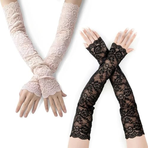 COYUN 2 Paar Armstulpen für Damen, lang, ultradünn, Spitze, Durchsichtige Stulpen, Damen, kühlender Sonnenschutz Tül Fingerlose Armstulpen für Perfekt Party Outdoor Sportaktivitäten(2 Farben)