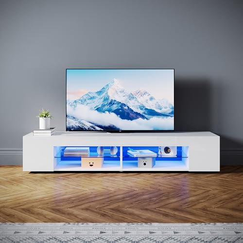 SONNI TV-Schrank Modern 160cm, Lowboard Hochglanz Weiß mit 16 Farben LED-Beleuchtung, Glasböden, 6 offene Regale für Fernseher bis 65 Zoll, Fernsehtisch für Wohnzimmer & Schlafzimmer, 160x39x30cm.