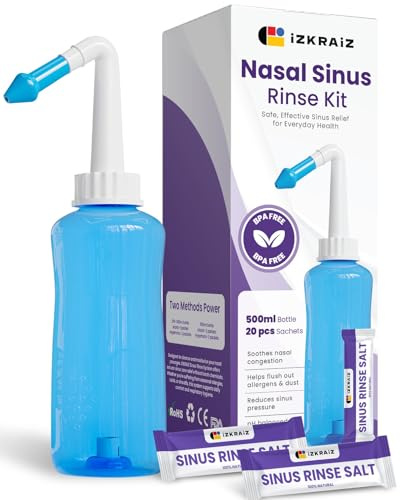 Kit per lavaggio nasale – Flacone da 500 ml + 20 bustine di soluzione salina, lavaggio dei seni nasali – Neti Pot per il sollievo dei seni nasali e l'igiene nasale con pH bilanciat