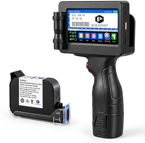 Eurannit Impresora de inyección de Tinta portátil E55 con Cartucho de Tinta W6900K, Boquilla de 12.7mm para números de Serie, códigos de Barras QR y códigos de Barras. Impresión en cartón, plástico