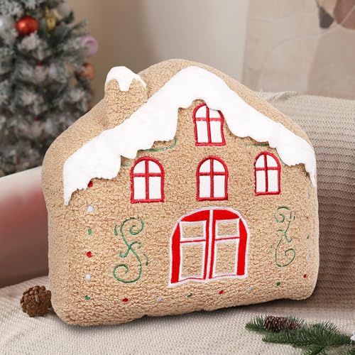 Weihnachts Kissen, 32 cm Lebkuchenhaus-Kissen, Lebkuchen Weihnachtskissen Deko, Kreative Dekoration für Bett, Couch, Weihnachts Plüschkissen Dekoration Geschenk für Wohnzimmer und Schlafzimmer