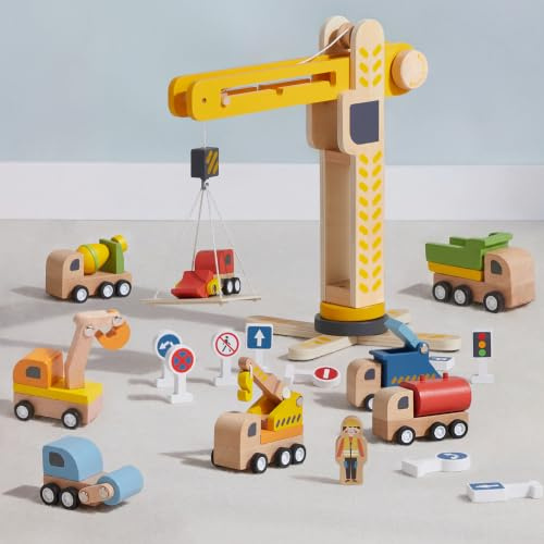 JERIDOO Interactive Wooden Construction Toy Crane, Rotating Base, Lifting Hook, with Vehicles, Excavator, Cement Mixer and Road Signs, 18-Piece Set for Toddlers 3-6, 8, Non-Toxic Wood, Parent-Designed