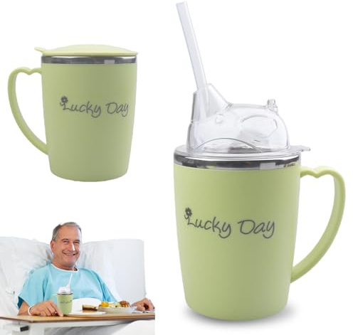 PRITOK Tasse à bec seniors : tasse de 350 ml pour personnes âgées, gobelet anti-fuite 3 en 1 avec paille de 30 cm, gobelet en acier inoxydable avec poignée pour les patients, les personnes âgées et