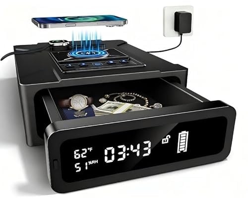 ORARAER Biometric Smart Gun Safe, 3 Quick Access Handgun Safe with Alarm Clock, Heavy Duty Anti-Theft Money Box for Home Security，Bedside Drawer Safe for Table,Closet