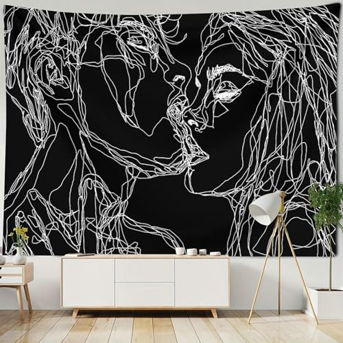 Gualiy Wandteppich 150x130, Wandbehang Weiß Schwarz Linienkunst Paar Kuss – Minimalistische Wandtuch für Schlafzimmer Wohnzimmer Wanddekoration