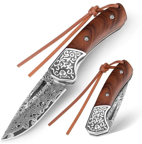 DRACHENADER Couteau pliant damas 67 couches VG10, lame de 6,5 cm, ouverture à deux mains, manche en bois, couteau camping et survie