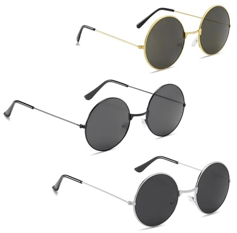 MXGHIR 3 Stück Sonnenbrille Herren Damen, Runde Metall Rahme Klassische Retro Brille, Sonnenbrille Polarisiert UV400 für Hippie Party Reisen Fahren