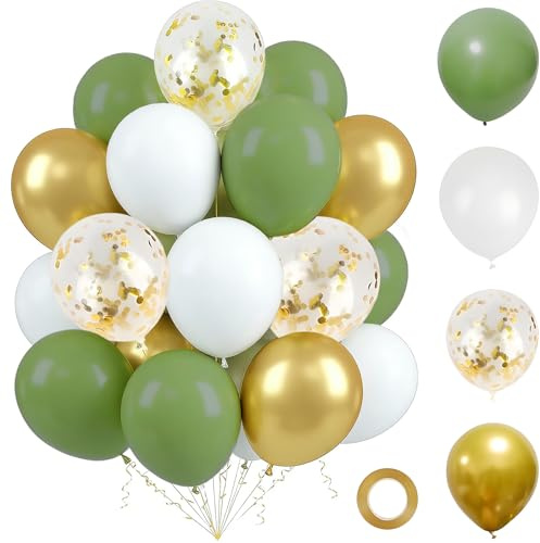 60 Stück Luftballons Grün Gold Set, 12 Zoll Latex Ballons mit Geschenkband | Latexballons Eukalyptusgrün, Weiß, Gold Metallic & Glitzer Transparent, für Geburtstagdeko, Hochzeit, Partydeko, Babyfest