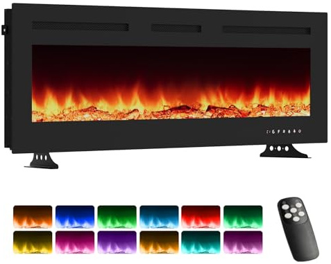 Cheminée électrique Murale/Insert avec Effet Flamme 3D,Cheminée Électrique 3-en-1avec télécommande,Chauffage,12 Couleurs Flammes,Minuterie,Fausse Cheminée Decorative 1800W silencieuse(140x19X52cm)
