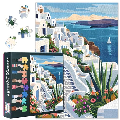 1000 Piece Jigsaw Puzzles for Adults Santorini, Coastal City Series | Coast landscape design, challenging puzzle for family educational games, birthday gift, home decor, 27.5x19.7