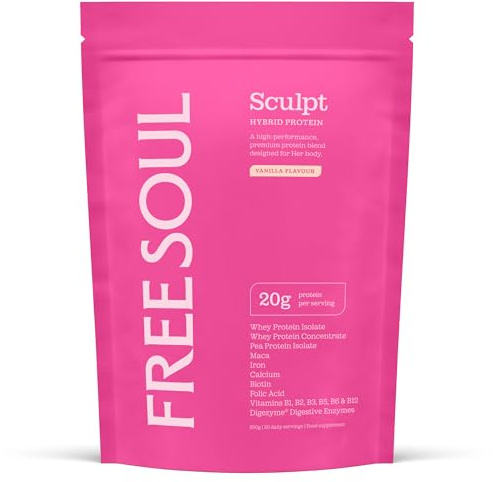 Free Soul Sculpt Protein Powder | 20g Protein | Vanilla | 20 Servings | Hybrid Whey Protein Powder with Maca, Iron, Calcium, Biotin & B Vitamins | Plus Digestive Enzymes