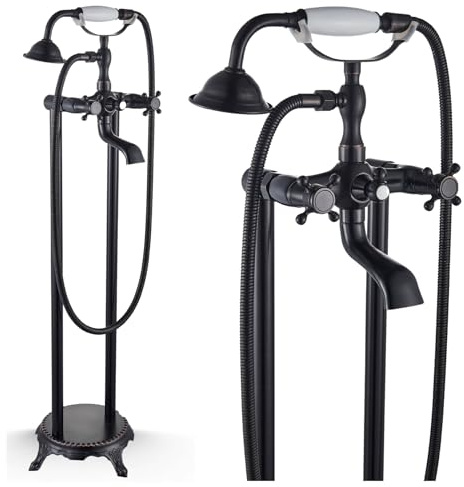 Freistehende Badewannenarmatur Retro mit Handbrause und 180° schwenkbarem Auslauf Bodenmontage Messing Keramikkartusche Wasserfallauslauf für Badewanne (Schwarz)
