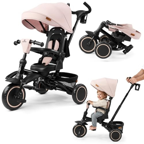 HyperMotion TOBI Timber Dreirad Kinder Beige 1–5 Jahre | Faltbar, 360° Drehbarer Sitz, Freilauf, Verstellbare Schiebestange, Sonnendach, EVA-Räder, Kinderdreirad