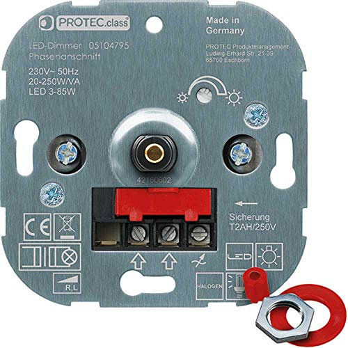 PROTEC.CLASS Dimmer Phasenanschluss 20-250W/VA LED 3-85W PD 20250 - Elektronischer Schalter - Druck-Wechsel-Schalter - Auf-Auf-An - Metallwelle 4 mm - Schraubklemmen bis 2,5 mm