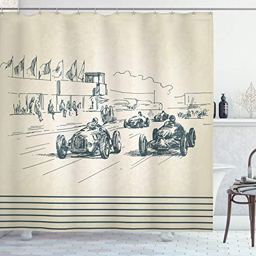 ABAKUHAUS Oldtimer Duschvorhang, Racing Cars Sketchy, Stoffliches Gewebe Badezimmerdekorationsset mit Haken, 175 x 220 cm, Beige Forest Green